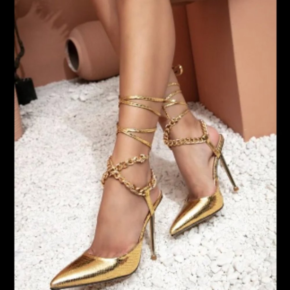 Metallic Chain Detail Pointy Toe Stiletto Heeled Strappy Pumps